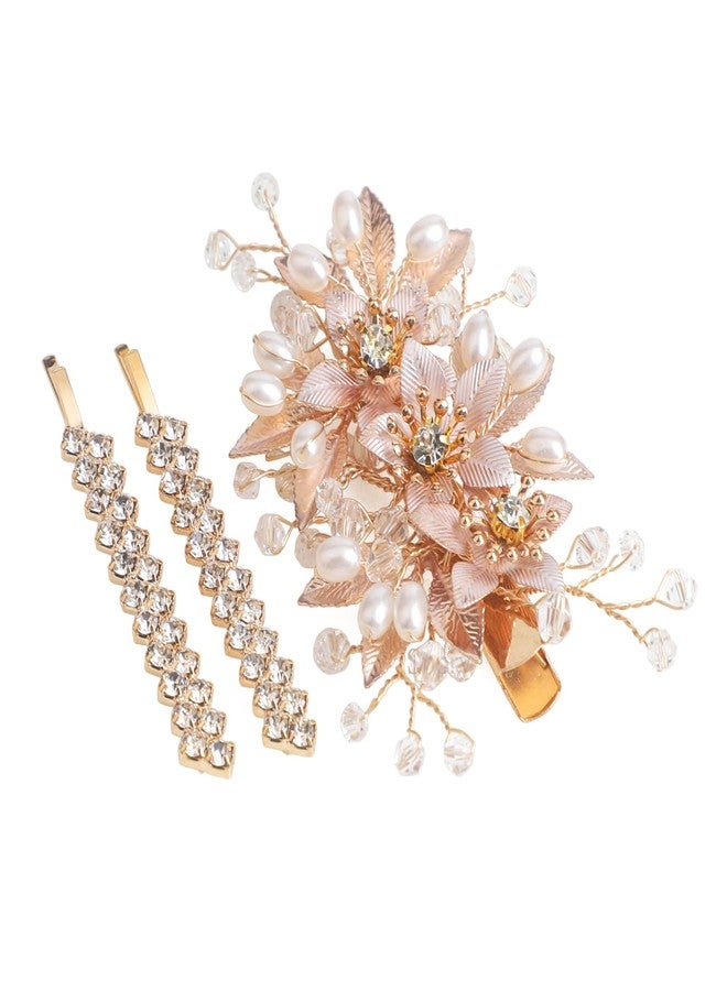 Sppry Floral Crystal Pearl Alligator Hair Clip and Rhinestone Bobby Pins, Elegant Hair Accessories for Bridal Women in Wedding or Prom, Set of 3 (Gold) - Image 1